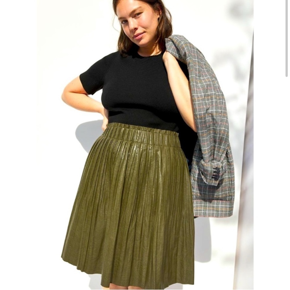 Anthropologie- Olive Green Pleated Waxed Finish Skirt